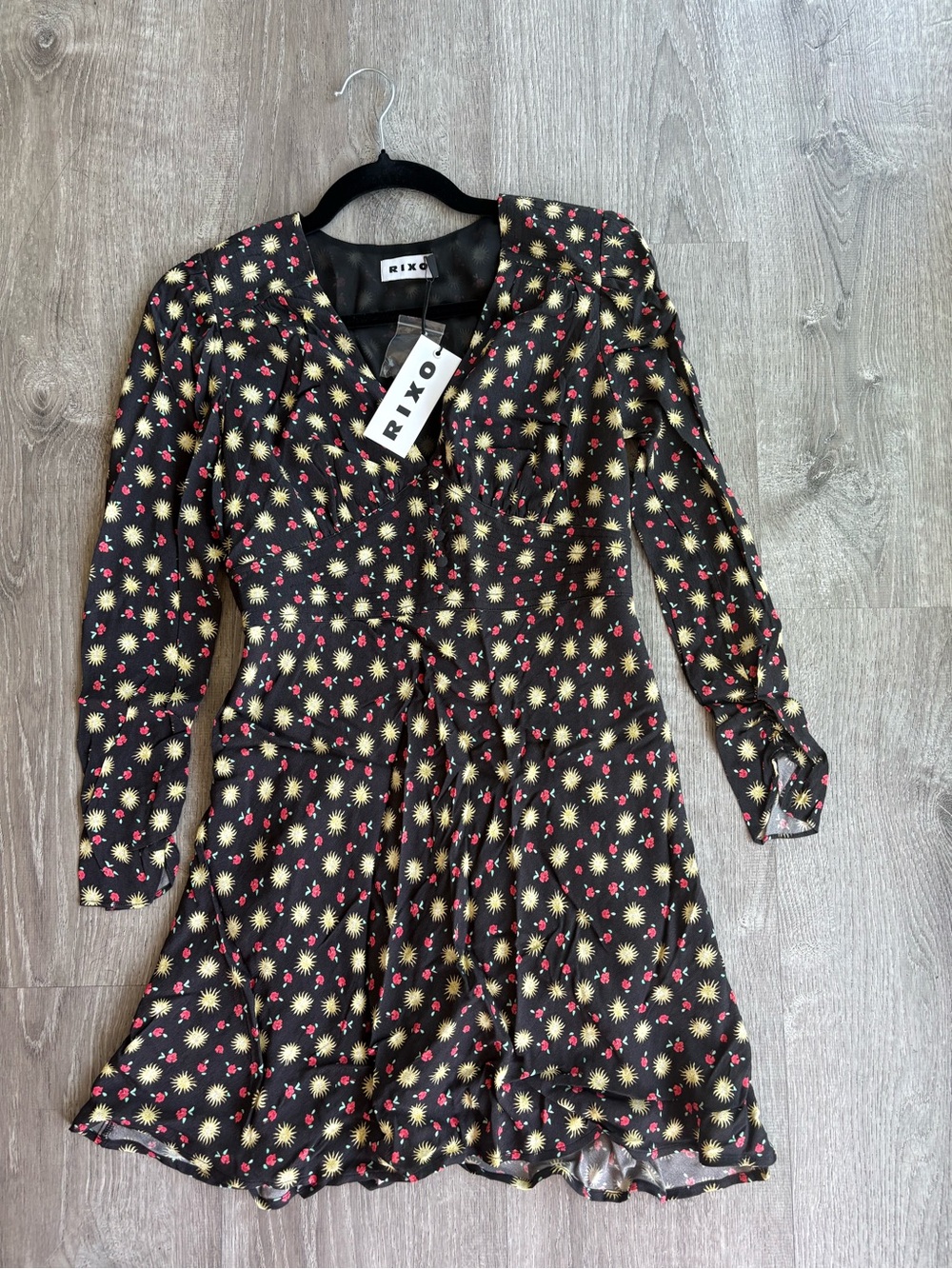 RIXO Black Dress with Gold Starburst and Pink Floral Print